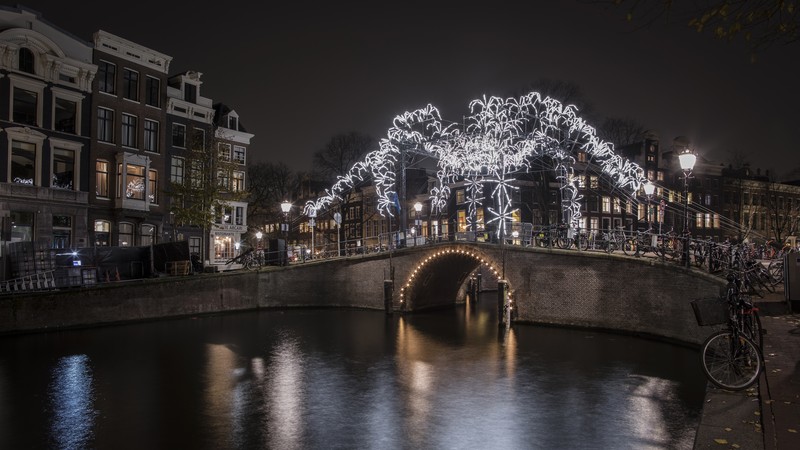 Amsterdam Light Festival arañas de luz en un puente