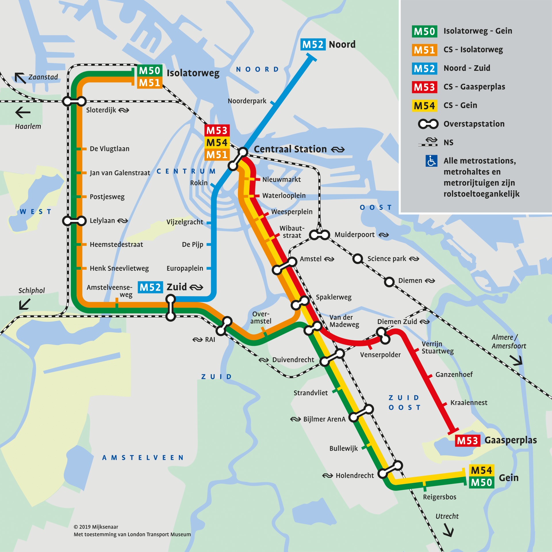 Líneas y paradas del mapa del metro de Ámsterdam
