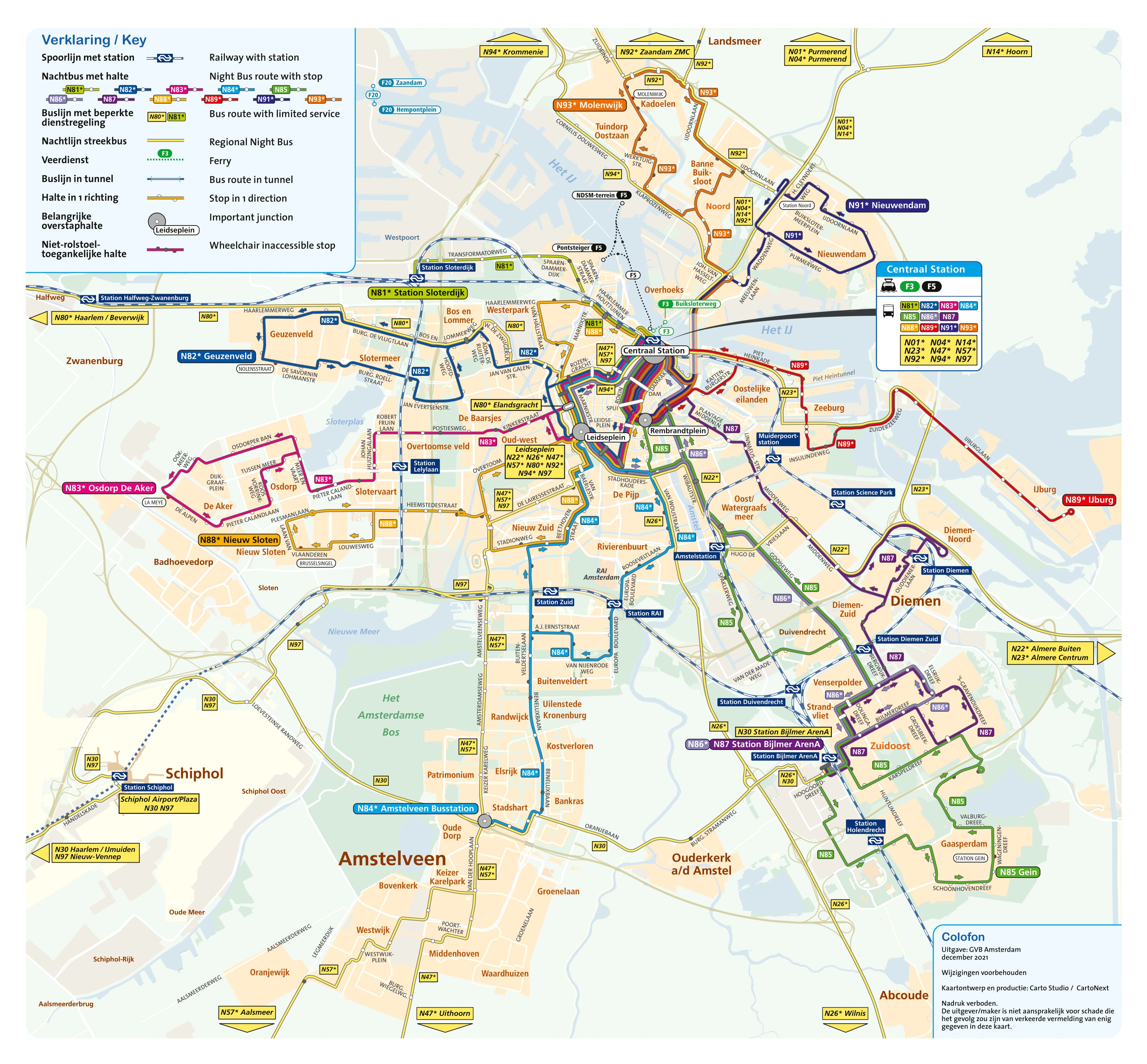 Mappa di Amsterdam Autobus notturno pubblico trasporti