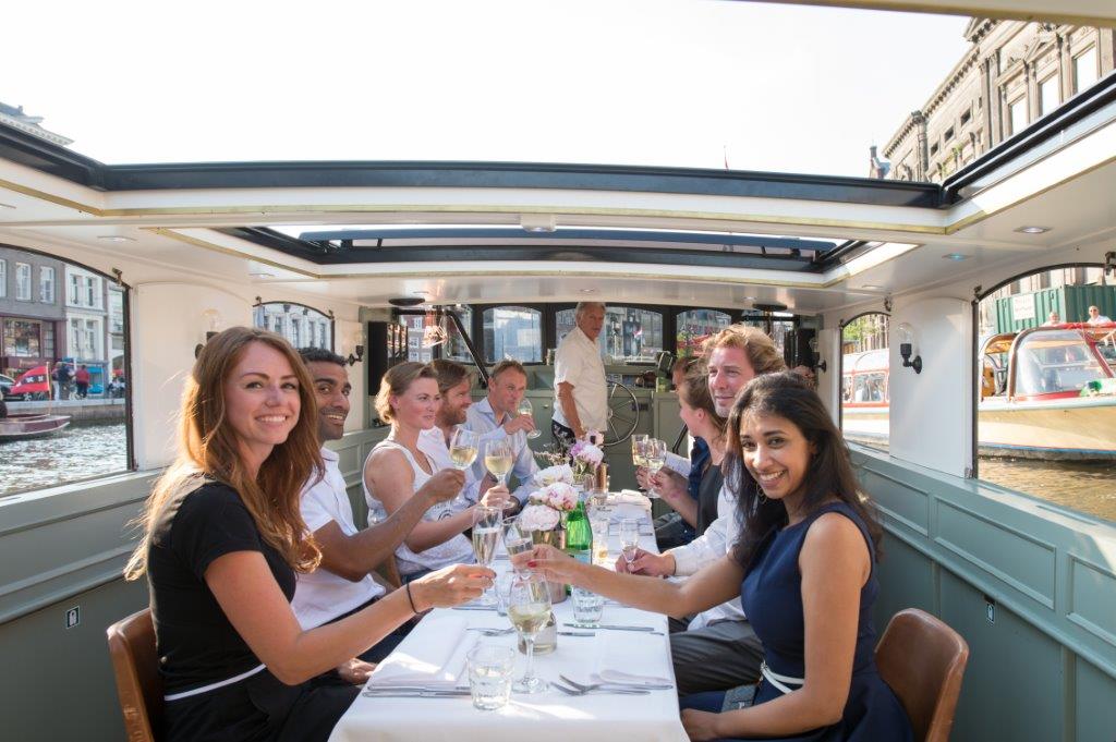 Private dinner served on a rented boat in Amsterdam