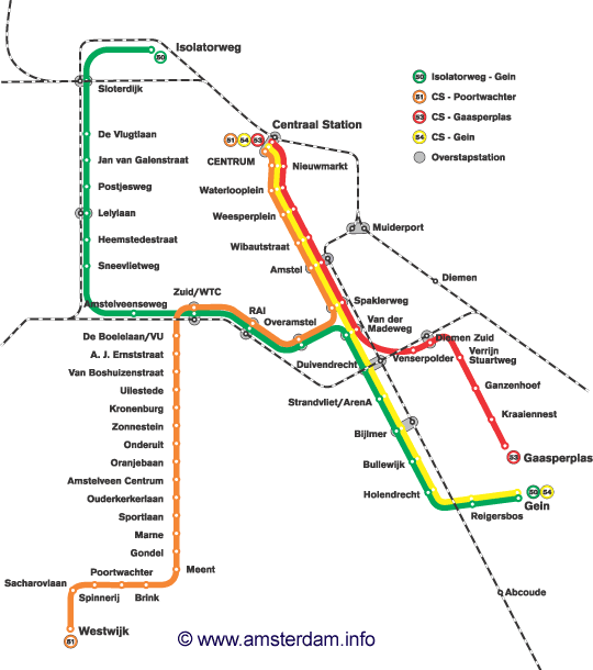 Plánek tras metra v Amsterdamu